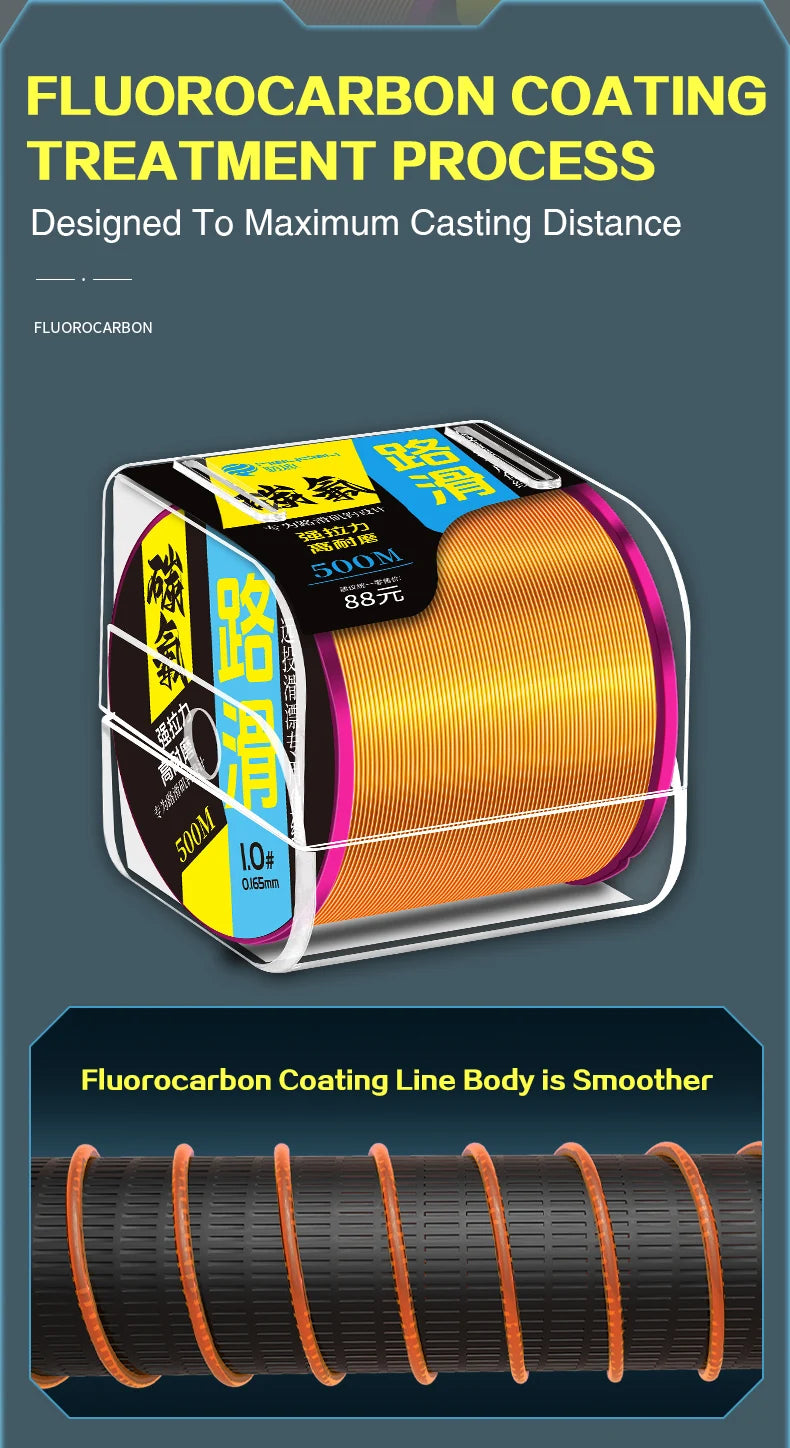 500m Fluorocarbon Coating Fishing Line Super Strong Monofilament Fishing Line Fast Sinking Invisible Fishing Line