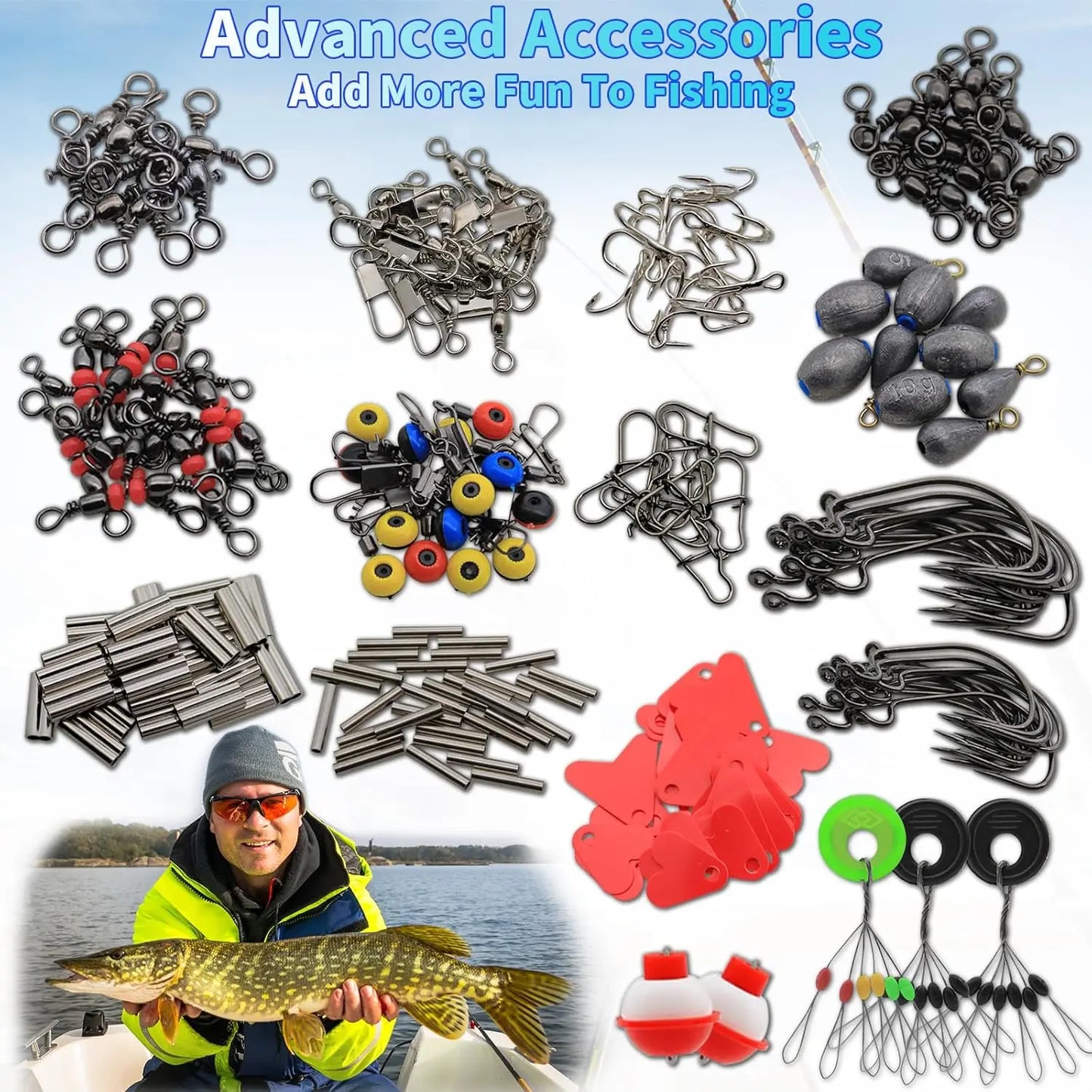 264Pcs Fishing Tackle Including Hooks Sinker Weight Swivels Snaps & Fishing Accessories