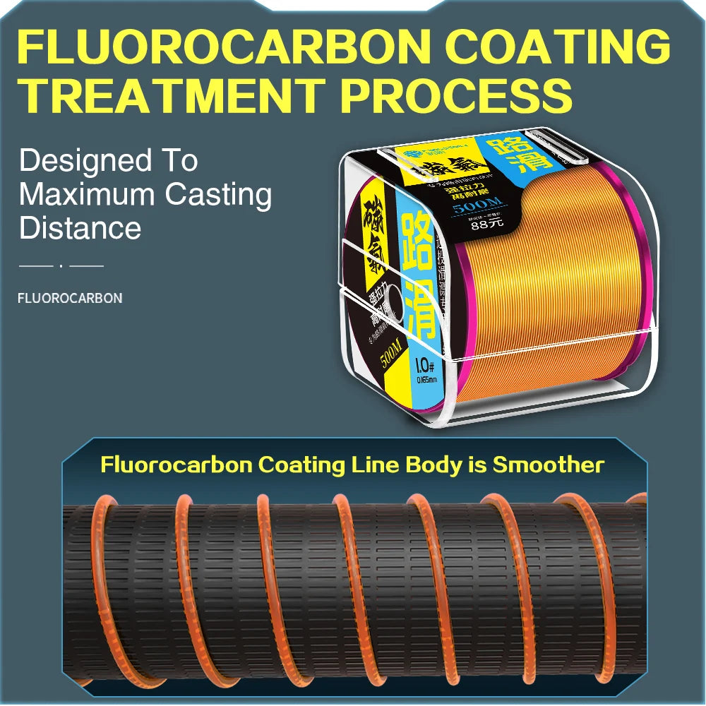 500m Fluorocarbon Coating Fishing Line Super Strong Monofilament Fishing Line Fast Sinking Invisible Fishing Line