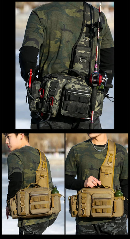 Fishing Tackle Backpack Lure Box Gear Storage Bag Backpack with Rod Holder Sling Shoulder Bag