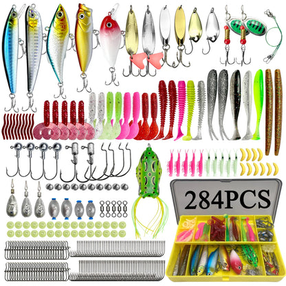 78/122/284pcs Fishing Lures Kit for Topwater Bait Rigs Tackle Kit for Bass Trout Salmon Fishing Accessories