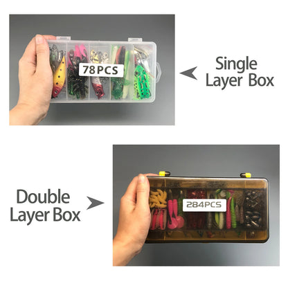 284pcs Fishing Lures Kit for Topwater Bait Rigs Tackle Kit for Bass Trout Salmon Fishing Accessories