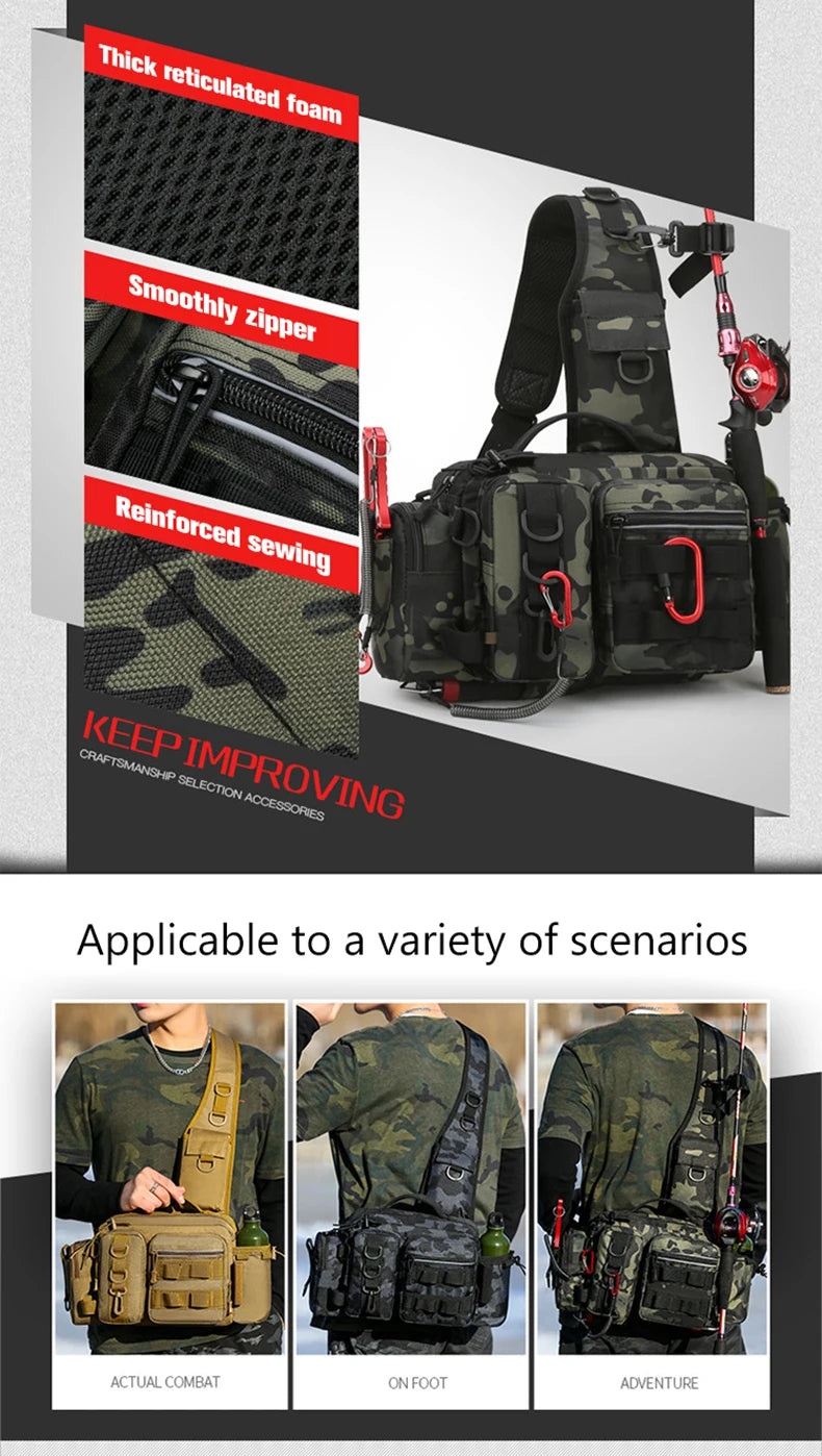 Fishing Tackle Backpack Lure Box Gear Storage Bag Backpack with Rod Holder Sling Shoulder Bag