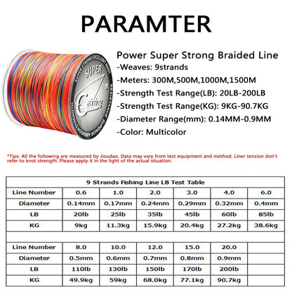 Braided Fishing Line 9 Strands PE Multicolor Fishing Lines Braid 300m 500m 1000m 1500m Strong Strength Fish Line 20LB-200LB