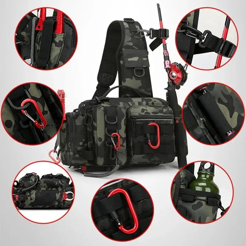 Fishing Tackle Backpack Lure Box Gear Storage Bag Backpack with Rod Holder Sling Shoulder Bag