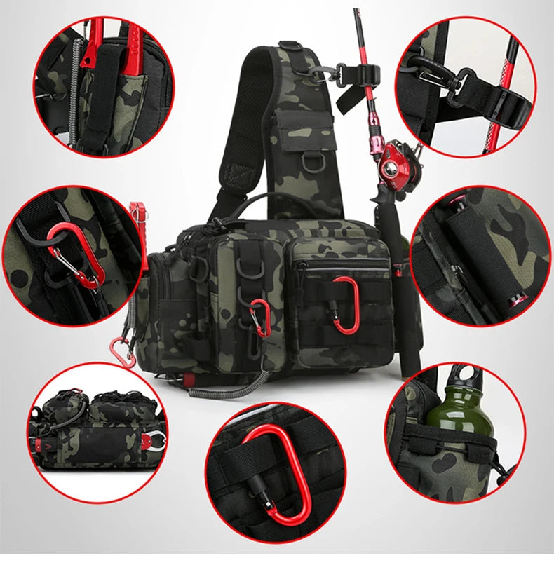 Fishing Tackle Backpack Lure Box Gear Storage Bag Backpack with Rod Holder Sling Shoulder Bag